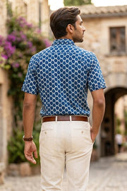 Blue Half Sleeve Hand Block Printed Cotton Mens Shirt 10077083