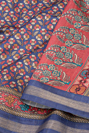Ink Blue Printed Semi Tussar Silk Saree 10077219