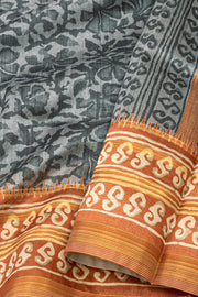 Dark Grey Printed Semi Tussar Silk Saree 10077231