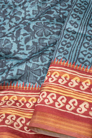 Aqua Blue Printed Semi Tussar Silk Saree 10077232
