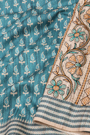 Aqua Sea Blue Printed Semi Tussar Silk Saree 10077241