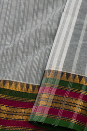 Dusty Grey Handloom Chettinad Cotton Saree With Temple Border 10077300