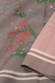 Grey Parrot Motifs Chanderi Printed Silk Cotton Saree 10077357