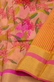 Orange Floral Motifs Chanderi Printed Silk Cotton Saree 10077366
