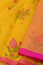 Yellow Floral Motifs Chanderi Printed Silk Cotton Saree 10077380