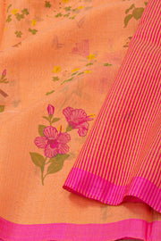 Peach Floral Motifs Chanderi Printed Silk Cotton Saree 10077381