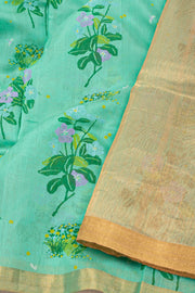 Light Teal Blue Chanderi Printed Silk Cotton Saree 10077383