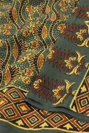 Forest Green Ajrakh Printed Mulmul Cotton Saree 10077399