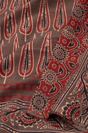 Brown Ajrakh Printed Mulmul Cotton Saree With Floral Border 10077402