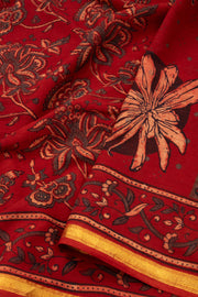 Bright Red Ajrakh Printed Mulmul Cotton Saree With Floral Border 10077403