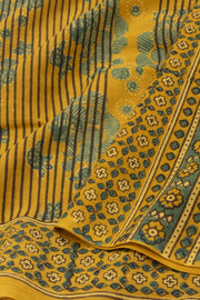 Yellow Ajrakh Printed Mulmul Cotton Saree 10077407