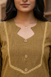 Mustard Brown Handcrafted Solid Style Embroidered Cotton Kurta 10077409