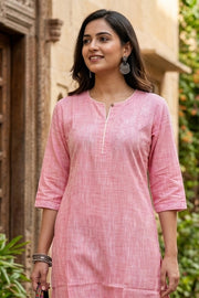 Pink Handcrafted Solid Style Embroidered Cotton Kurta 10077413