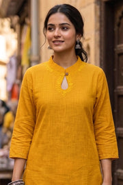 Sunflower Yellow Handcrafted Solid Style Embroidered Cotton Kurta 10077417