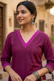 Purple Handcrafted Solid Style Embroidered Cotton Kurta 10077421