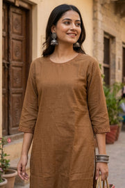 Brown Handcrafted Solid Style Embroidered Cotton Kurta 10077422