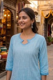 Light Blue Handcrafted Solid Style Embroidered Cotton Kurti 10077423