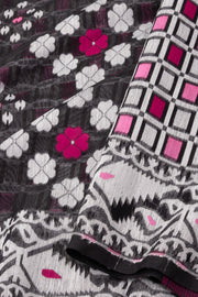 Black Handloom Jamdani Cotton Saree with Floral Motifs 10077542