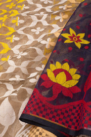 Red Handloom Jamdani Cotton Saree with Floral Motifs 10077549