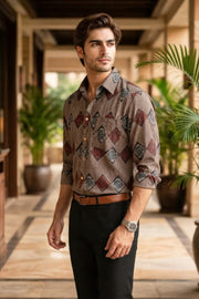 Beige Full Sleeve Ajrakh Printed Cotton Mens Shirt 10076861