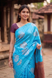 Vivid Blue Jute Weave Kanjivaram Vegan Silk Saree 10074642