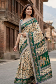 Beige Kani Printed Silk Saree 10077873