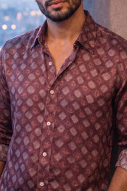 Brown Full Sleeve Vanaspathi Print Modal Silk Mens Shirt 10074066