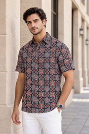 Black Half Sleeve Ajrakh Printed Cotton Mens Shirt 10071094
