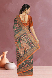 Green Kalamkari Printed Malai Cotton Saree 10074686