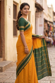 Golden Amber Yellow Mysore Crepe Silk Saree With Zari Border 10076244
