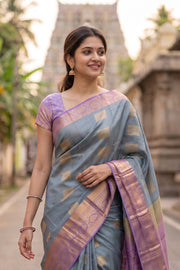 Grey Kanjivaram Vegan Silk Saree with Contrast Pallu 10074877