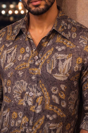 Brown Full Sleeve Vanaspathi Print Modal Silk Mens Shirt 10074062