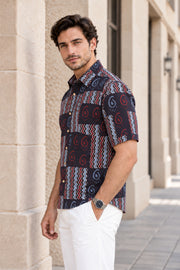 Black Half Sleeve Ajrakh Printed Cotton Mens Shirt 10073173