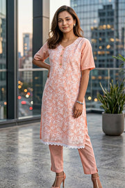 Peach Chikankari Embroidery Viscose Silk Salwar Suit 10076189