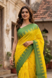 Lemon Yellow  Handloom Chettinad Cotton Saree 10077353