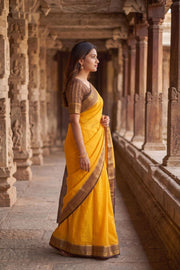 Mango Mist Yellow Mysore Crepe Silk Saree With Zari Border 10076241