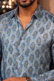 Blue Full Sleeve Vanaspathi Print Modal Silk Mens Shirt 10074058