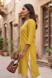 Yellow Handcrafted Slub Cotton Kurta 10077427