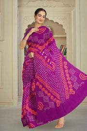 Purple Bandhani Mulmul Cotton Saree 10075489