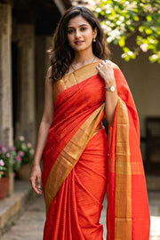 Kanjivaram Red Vegan Silk Saree With Stripes Design 10076341