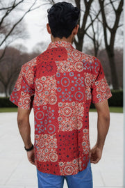 Red Half Sleeve Ajrakh Printed Cotton Mens Shirt 10073060