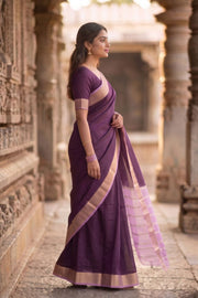 Blackberry Purple Mysore Crepe Silk Saree With Zari Border 10076237