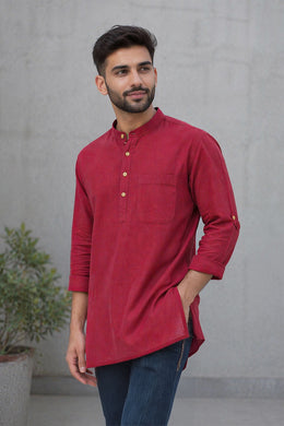 Maroon Full Sleeve Slub Cotton Solid Style Men's Kurta 10074255