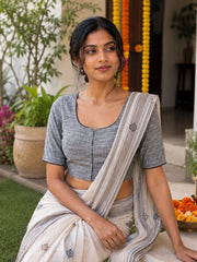 Grey Handcrafted Slub Cotton Solid Style Blouse 10073175