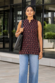 Black Jahota Hand block Printed Women Sleevless Shirt 10077194