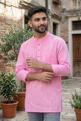 Pink Full Sleeve Slub Cotton Solid Style Men's Kurta 10074257