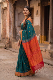 Peacock Green Handloom Kanchi Silk Cotton Saree 10077996