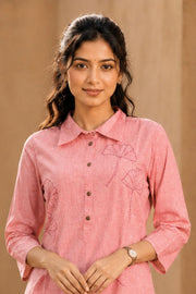 Pink Hand Embroidered Cotton Kurta 10077662