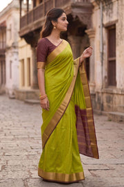 Pista Glow Green Mysore Crepe Silk Saree With Zari Border 10076233