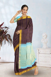 Dark Brown Kanjivaram Silk Saree with Checks Design 10075532